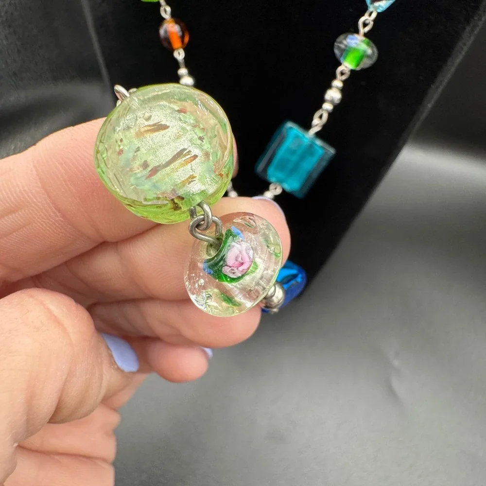 Lampwork Art Glass Bead Necklace Silver Tone Statement Premier Designs‎ 34in 79g